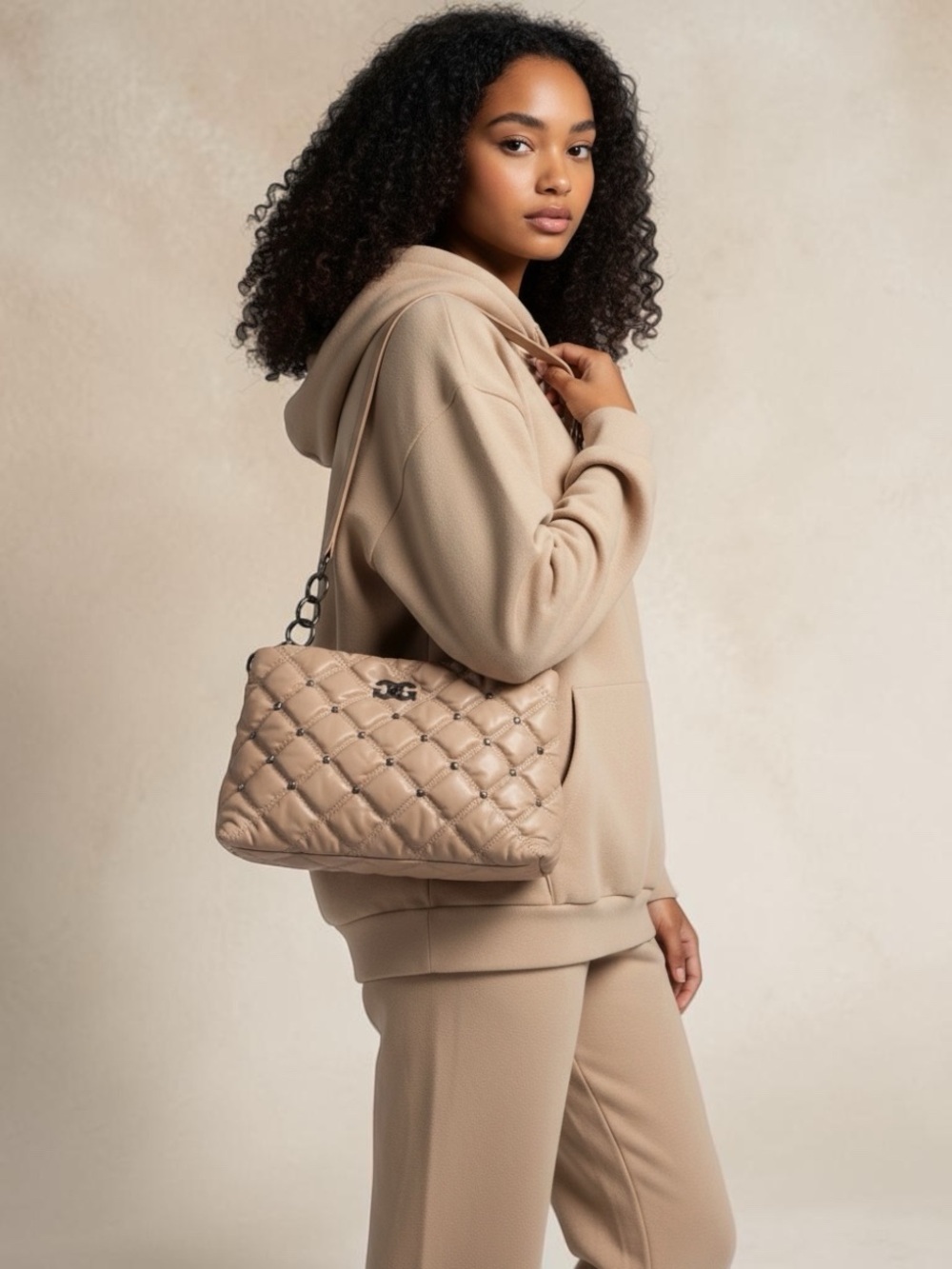 Gilda Paris Tan Quilted Shoulder Bag with Chain Straps